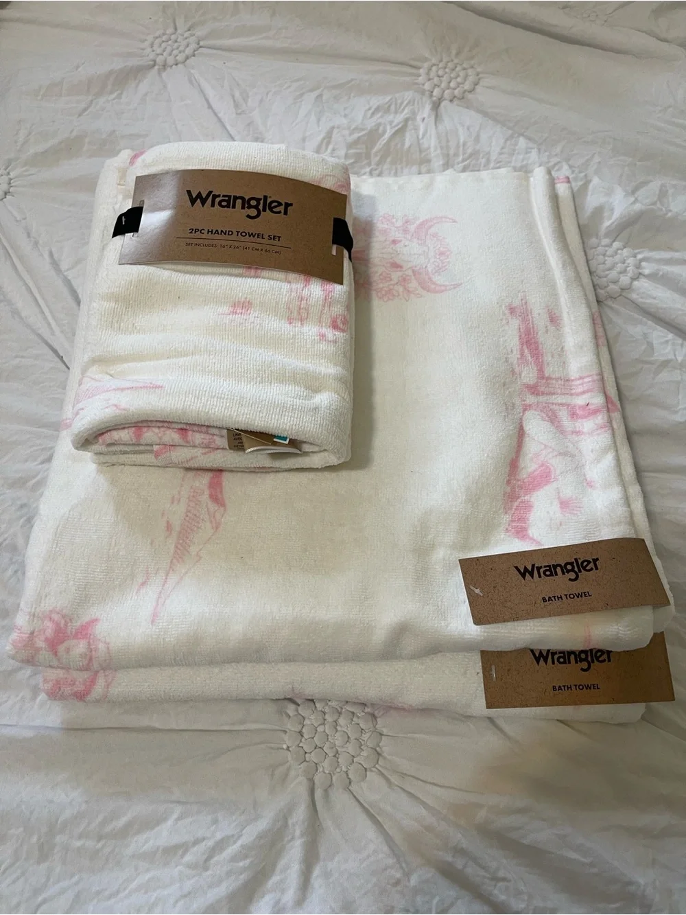 Wrangler Cowgirl w/Horse White & Pink 2 Bath Towels & a Set of Hand Towels NWT *
